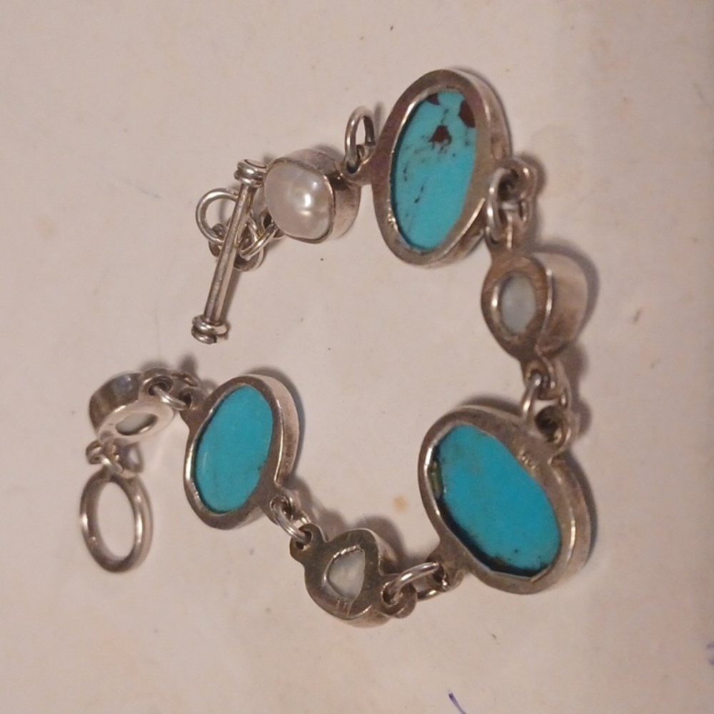 GENUINE TURQUOISE STERLING SILVER, MARKED 925 REAL PEARLS BRACELET NWOT - Picture 4 of 4